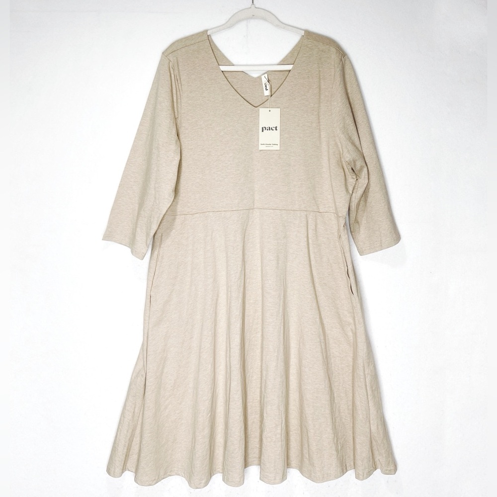 Pact Organic Cotton 3/4 Sleeve Fit-and-Flare Midi Party Dress Wheat Heather XXXL - Picture 3 of 9